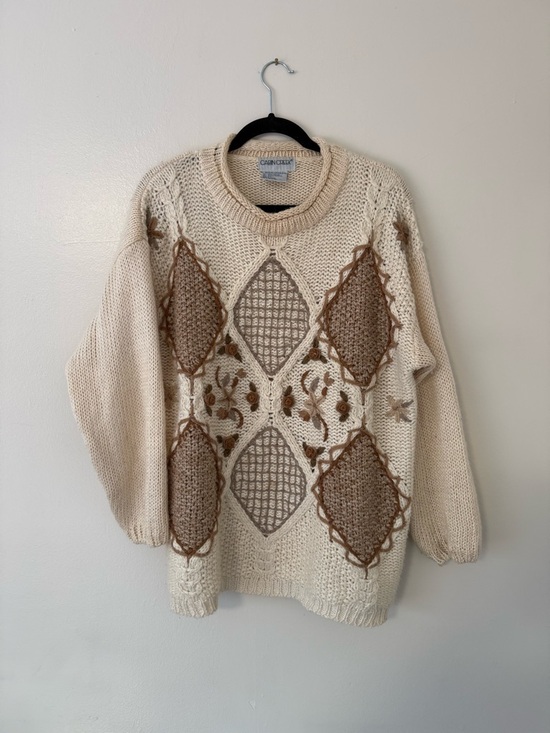 Cabin Creek Sweaters - Vintage 90s Sz Lg Cottagecore Grandma Knit Chunky Neutral Sweater Patchwork Tan